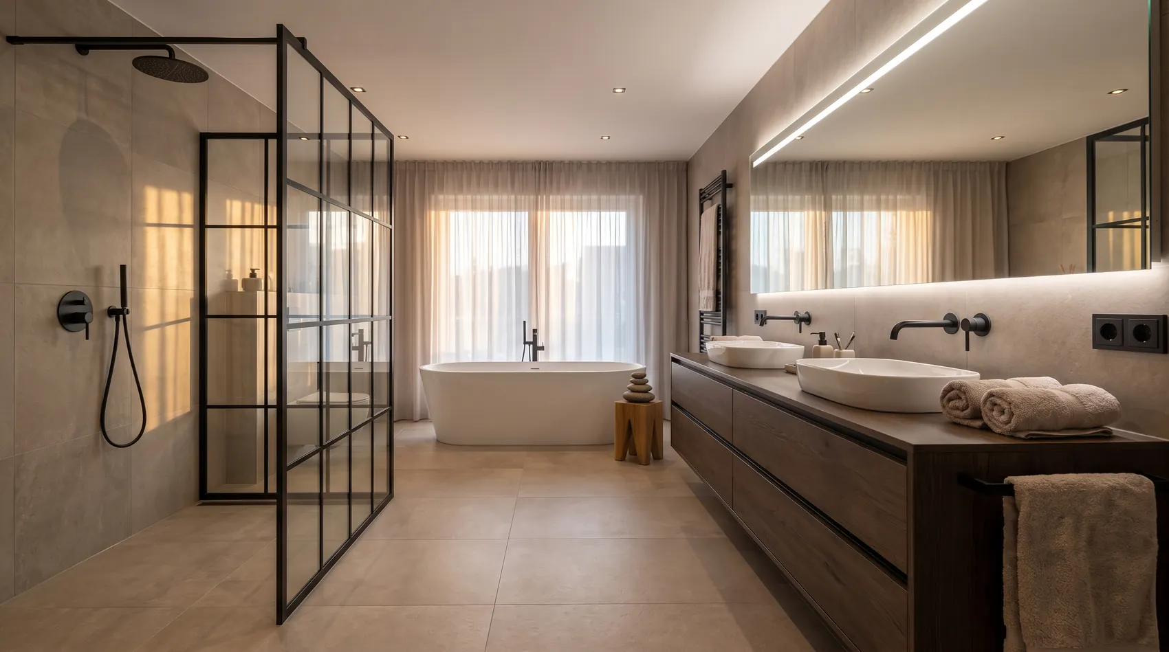 Komplett saniertes Badezimmer mit Doppelwaschtisch, Walk-in-Dusche und freistehender Wanne