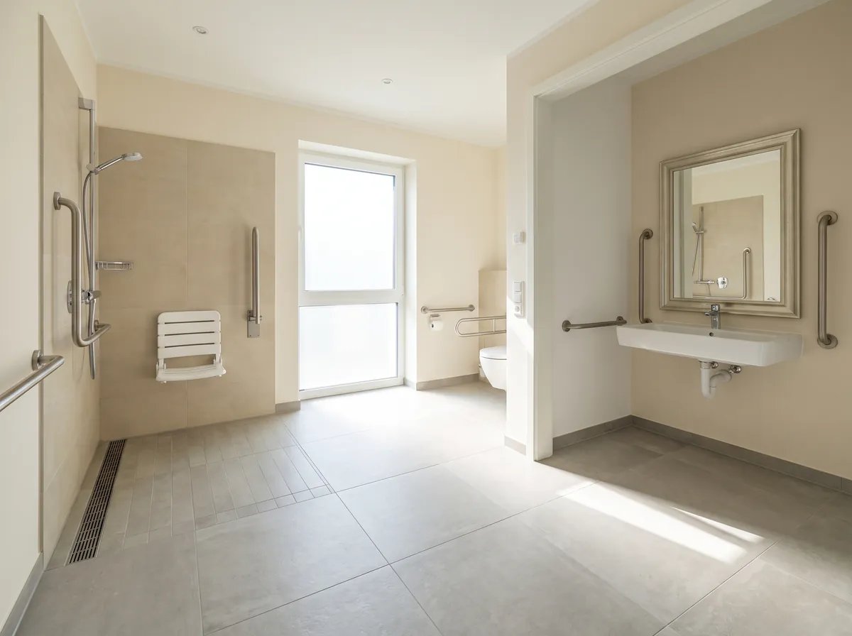 Barrierefreies Bad mit schwellenloser Dusche, Klappsitz und Haltegriffen