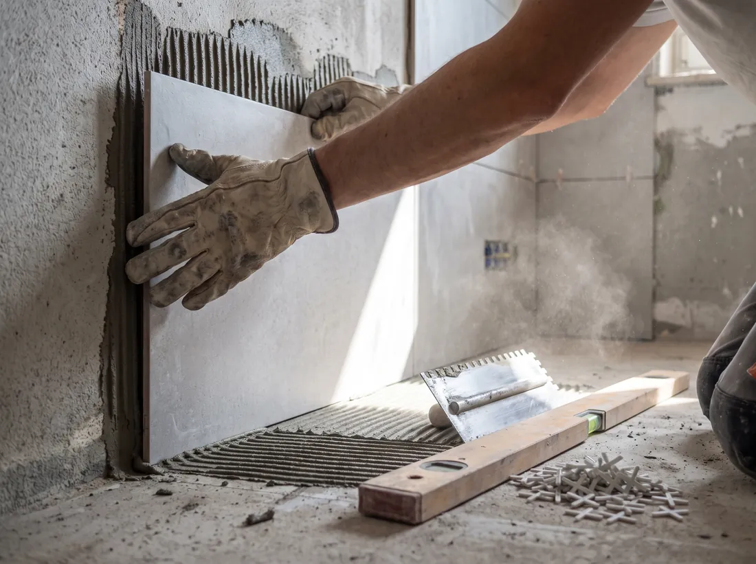 Fliesenleger setzt eine Großformatfliese in frisches Klebebett