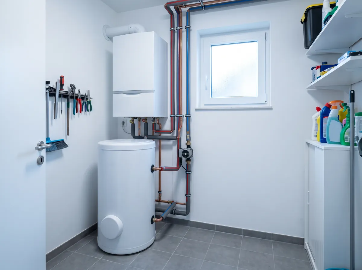 Sauber installierte Heizungs- und Warmwassertechnik im Technikraum