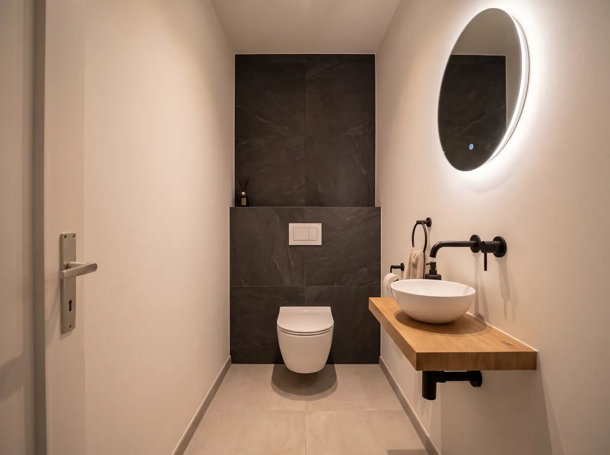 Modernisiertes Gäste-WC mit anthrazitfarbener Fliesenwand, Aufsatzbecken und rundem Spiegel