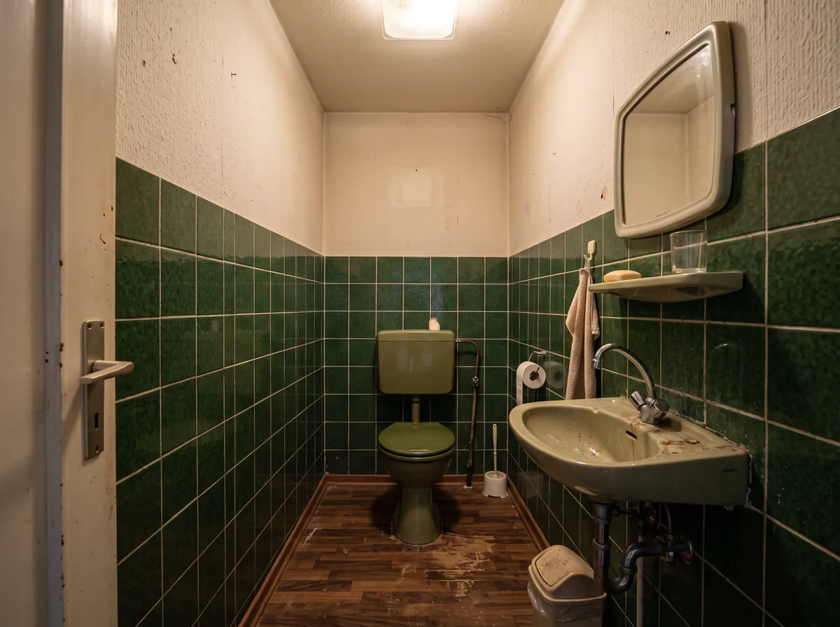 Altes Gäste-WC vor der Renovierung mit dunkelgrünen Fliesen und Raufasertapete